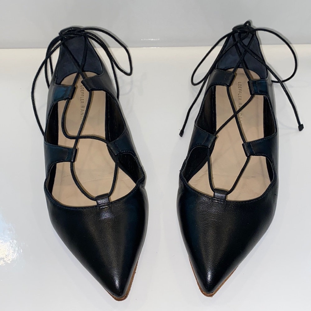 Loeffler Randall black lace up flats. Size 9. Moderate wear at soles.